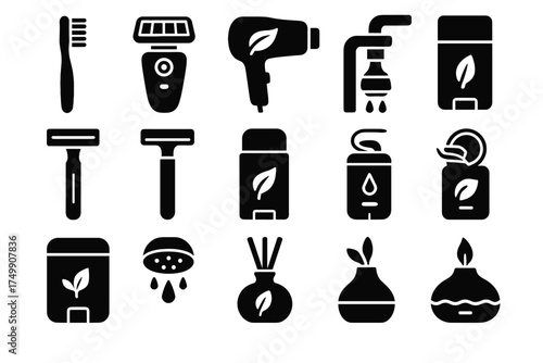Face eco toothbrush shaver vector natural compostable biodegradable cotton led gadget icons