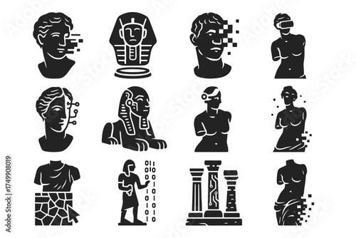 Venus marble fusion icon ancient ruins mosaic sphinx hieroglyphic statue icons vector