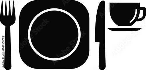 Black silhouette of a place setting with a cup and saucer