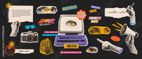 A collection of 23 retro halftone collage elements and stickers. Includes hands, eyes, labels, paper scraps, and digital interface icons for surreal pop art designs.