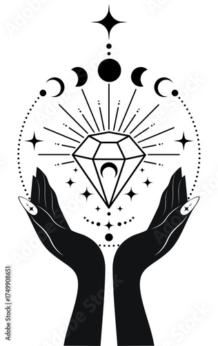 Mystical Moon Phases and sacred gemstone in hands of fortune teller. Magic celestial crystal clipart of yoga, spa, beauty salon, cosmetics, relax, brand style, tattoo. Isolated on white background