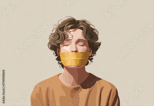 Woman with mouth covered by tape – censorship and silence illustration