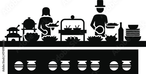 Silhouette of a buffet with servers and food display