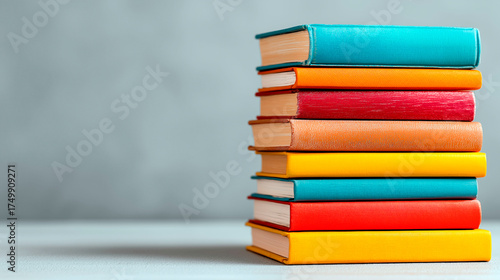 Colorful stack of hardcover books with bright covers on light background, arranged neatly in vertical pile
