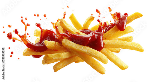 flaying french fries with ketchup splash isolated on transparent white background,