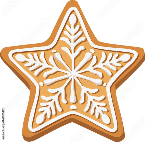 A star-shaped gingerbread cookie decorated with white icing forming a snowflake pattern on a white background.