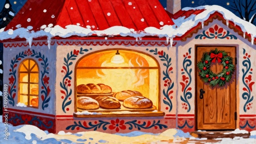 A warm Christmas illustration: a house with a red roof and an oven baking bread. A cozy winter scene in a folk decorative style with a wreath on the door and a snowy landscape.