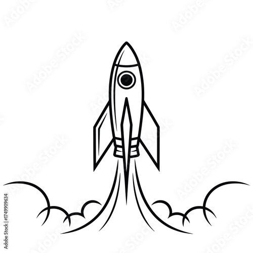 Simple line drawing of a rocket ship launching into space with smoke trails