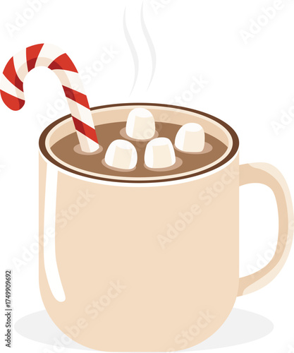 A steaming mug of hot chocolate topped with marshmallows and a candy cane, creating a cozy winter scene.