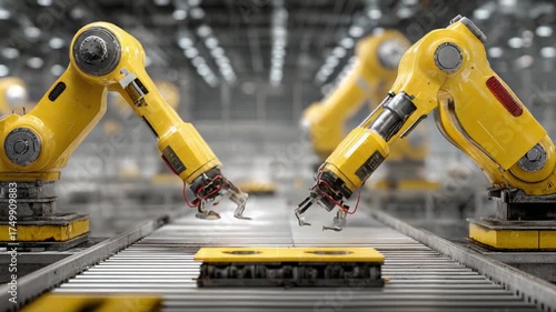 Automated Manufacturing: Two Yellow Industrial Robots Collaborating on a Production Line During an Advanced Automation Process