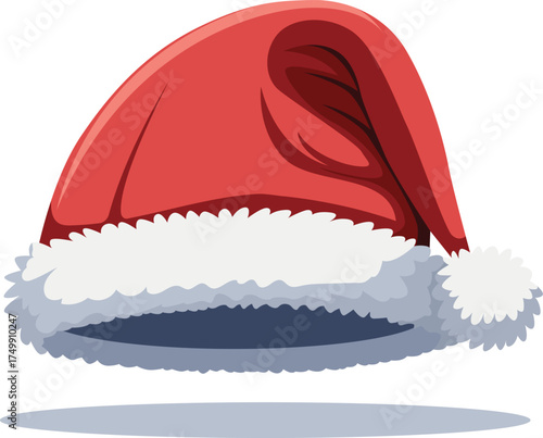 A cartoon illustration of a red Santa Claus hat with white fur trim and a pom-pom, casting a shadow.