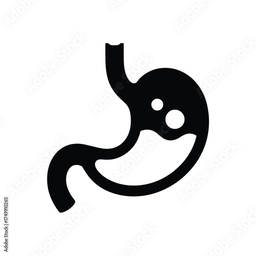 Black silhouette icon of human stomach with digestion and food particles