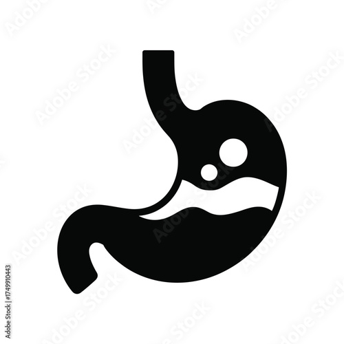 Black silhouette icon of human stomach with digestion and contents