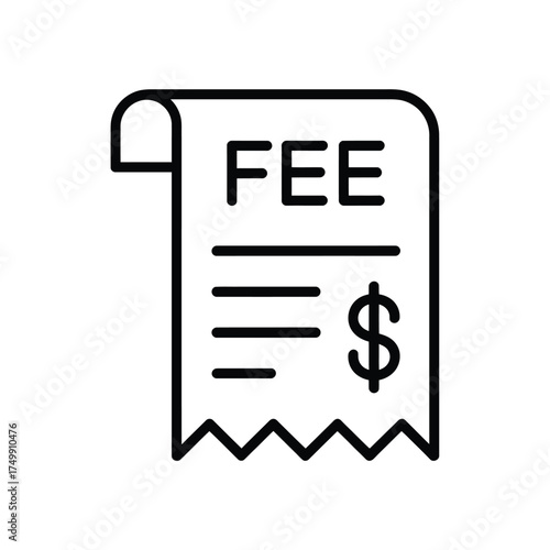 Simple line icon of a receipt showing the word fee and a dollar sign