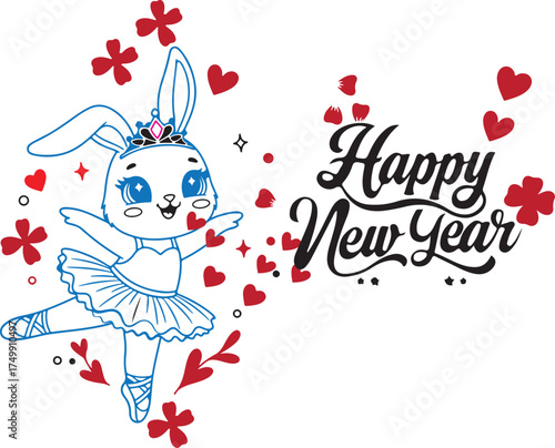 Happy New Year Ballerina Bunny Vector Illustration