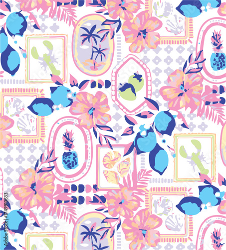 Summer coquette berry and fruits seamless pattern. Preppy wallpaper, hand drawn ribbons and bows patchwork print. Garden vector illustration, checkered romantic background, textile design, plaid.
