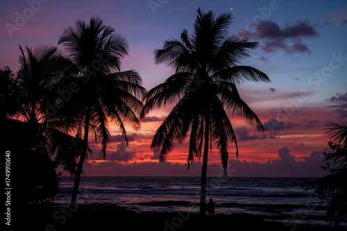 Silhouette of Palm Trees and People Enjoying Breathtaking Ocean Sunset View at Dusk