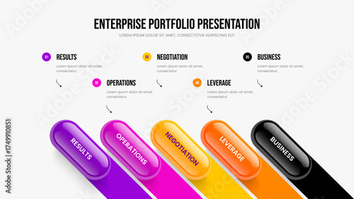 Digital Briefing Five Option Diagram Slideshow Layout. Creative Insight Slide Template Vector Illustration. Company Innovation 5 Element Infographic Frame Design.
