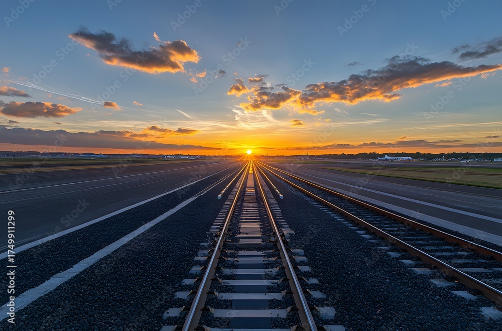 Fototapeta premium Sunset in the late afternoon and a well-developed railway line that runs straight. And the railway line is next to the airport. Beautiful view and comfortable atmosphere.