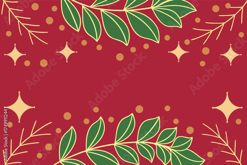flat design illustration with a deep red background. Green leaves with gold outlines frame the top and bottom edges. 
