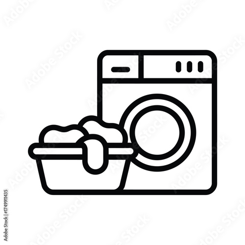 Simple line art icon of a washing machine and laundry basket full of clothes