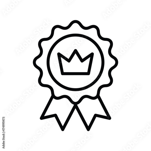 Simple line art icon of a royal crown inside a wavy edge award ribbon