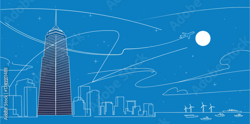 Modern city skyline with skyscraper and wind turbines vector illustration on blue background depicting sustainable energy and urban development