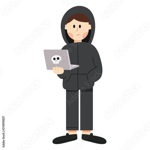 Flat cartoon illustration of a hacker character. Hacker character wearing a hoodie using a computer. Cybersecurity, coding, and hacking concept in minimal flat design style.