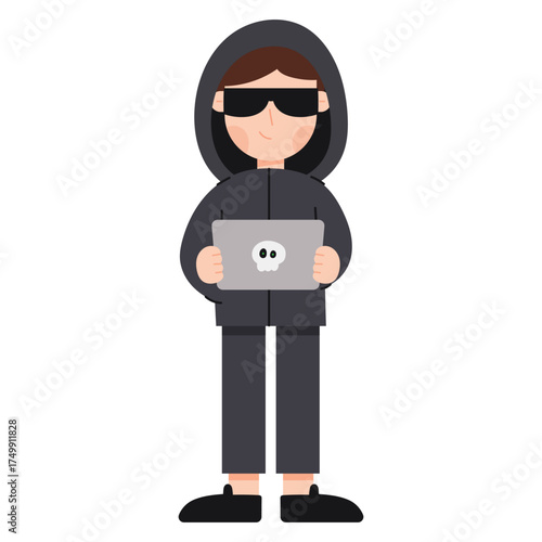 Flat cartoon illustration of a hacker character. Hacker character wearing a hoodie using a computer. Cybersecurity, coding, and hacking concept in minimal flat design style.
