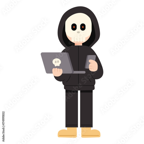 Flat cartoon illustration of a hacker character. Hacker character wearing a hoodie using a computer. Cybersecurity, coding, and hacking concept in minimal flat design style.