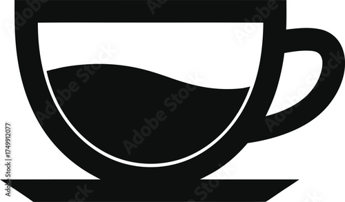 Simple black and white icon of a coffee cup and saucer