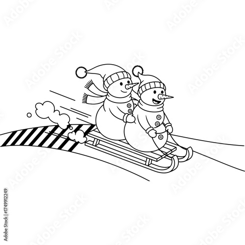 A fun winter coloring book page for kids, featuring two snowmen on a sled. This easy and fun line art drawing is a great creative activity for kids during the Christmas holiday season.