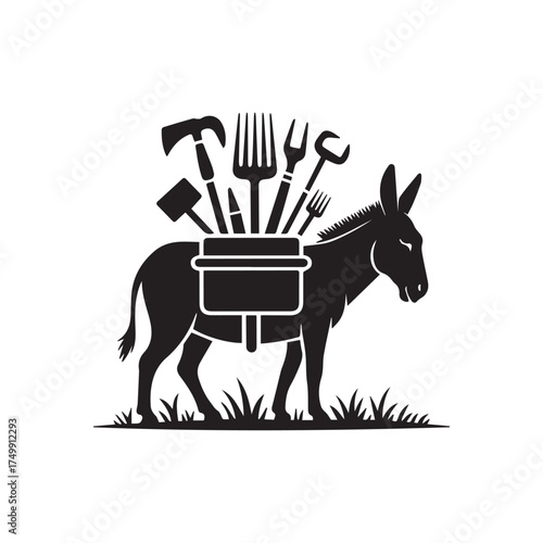 Vector art of silhouette of a donkey carrying tools on its back, , depicting labor and utility in black and white