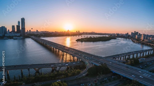 day to night 4k timelapse video of Nightscape of the Han River, Mapo Bridge and Bamseom Island in Seoul, Korea