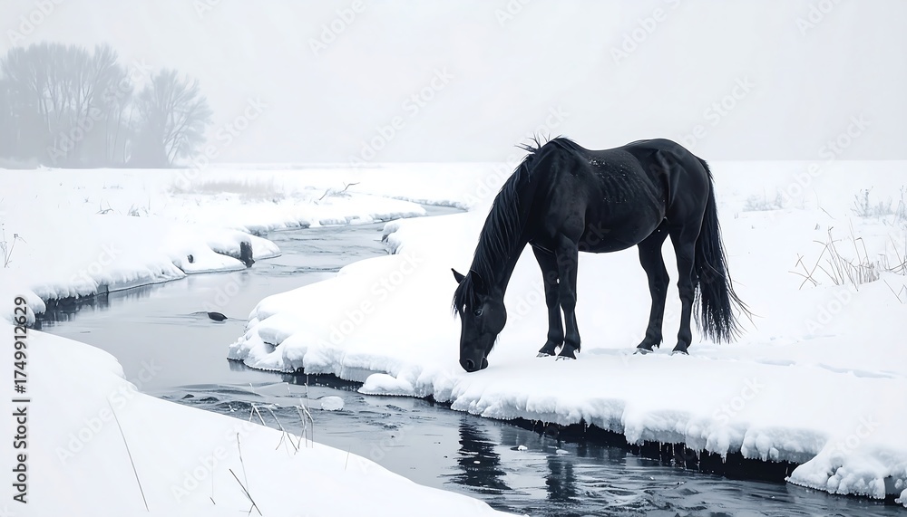 Fototapeta premium Black Horse Drinking in Winter Landscape.