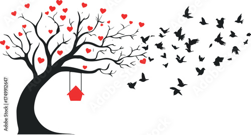 Whimsical silhouette tree with heart leaves and birds flying away on white background