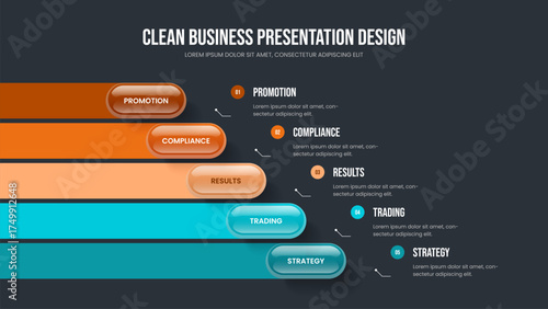 Advertising Proposal 5 Element Infographic Slideshow Design. Business Showcase Five Step Diagram Frame Template. Service Innovation Slide Layout Vector Illustration.