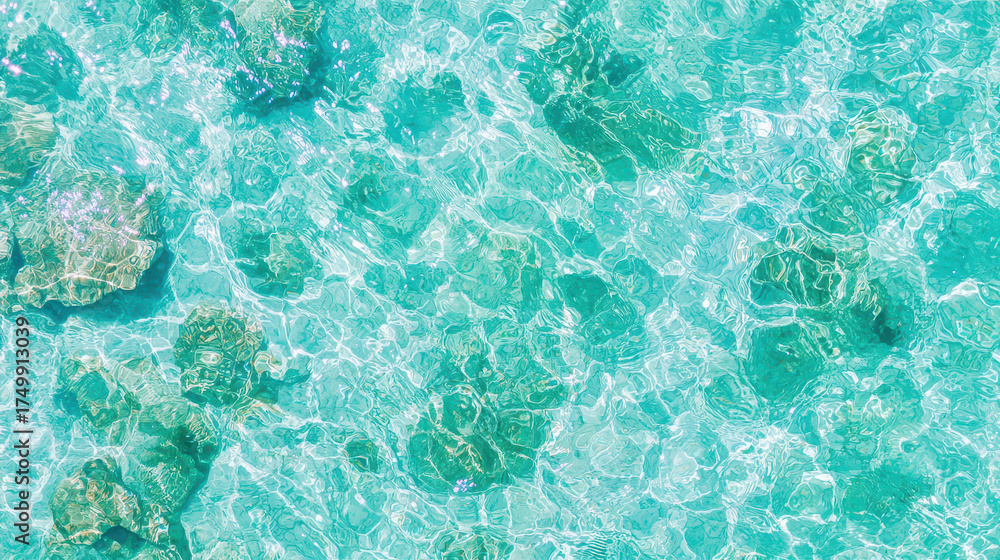 Obraz premium Crystal clear turquoise water with shimmering reflections and visible rocks beneath surface creates serene and tranquil atmosphere