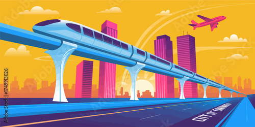Futuristic monorail train travels above a city with skyscrapers and an airplane in the background a modern transportation concept