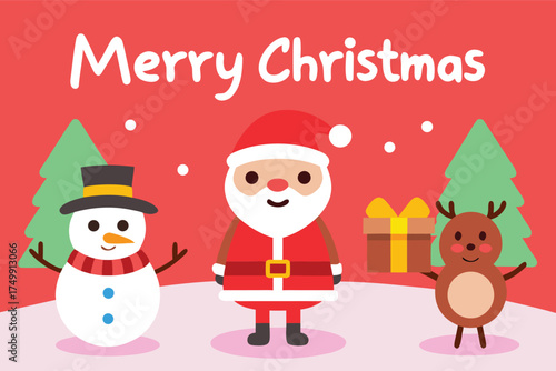 Vector art of festive cartoon santa, snowman, and reindeer with merry christmas text