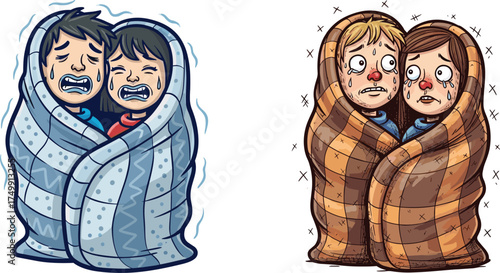 Cartoon illustration of children wrapped in blankets, shivering from cold versus overheating from heat, temperature extremes, discomfort, environmental effect concept