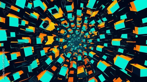 Abstract digital tunnel of glowing teal and orange rectangular blocks creating a futuristic vortex effect.