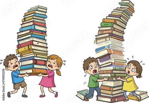 Cartoon illustration of children struggling with tall stacks of books, academic stress concept, studying challenge, heavy workload, humorous education scene