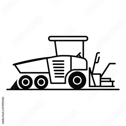 Line art icon of a modern asphalt paver machine working on a road construction site