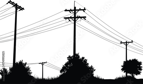 Black and white silhouette of utility poles with power lines, rural electricity distribution, energy infrastructure, countryside landscape, industrial network, dramatic contrast