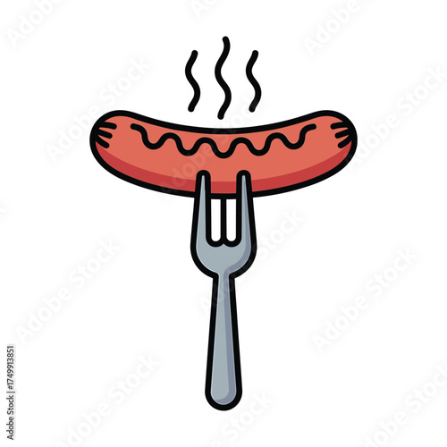 Hot grilled sausage on a fork with steam rising above it