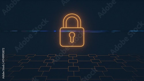 A glowing orange padlock icon symbolizes digital security and data protection over a futuristic network grid on a dark blue background.