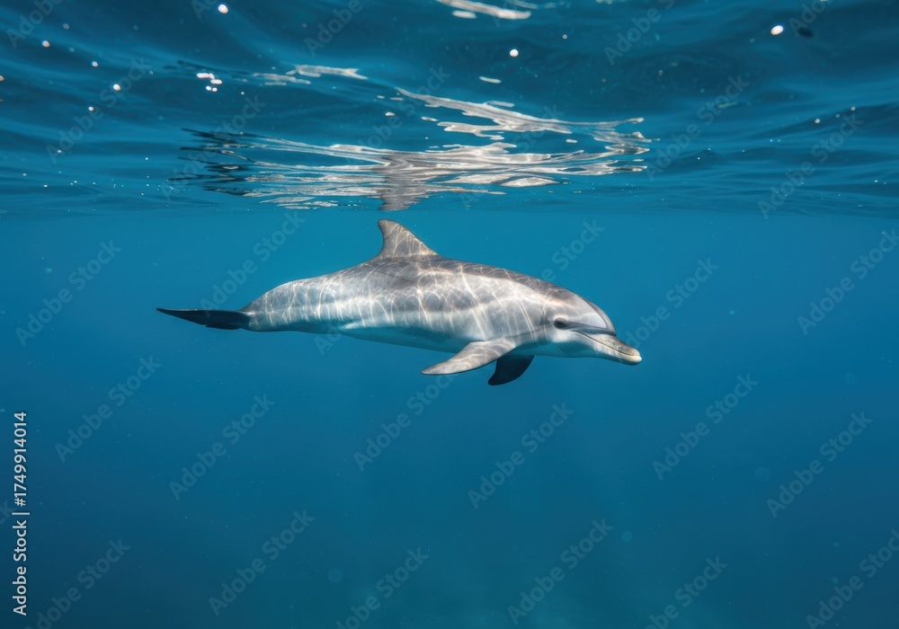 Fototapeta premium Dolphin Swimming Gracefully Underwater in Sunlight