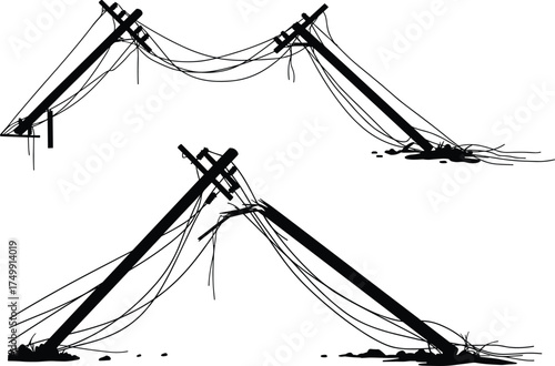 Silhouette of broken utility poles with sagging wires, damaged infrastructure, electricity outage, disaster aftermath, urban landscape, high voltage grid