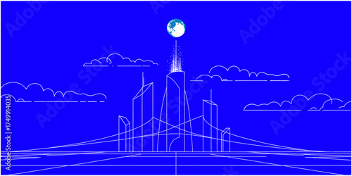 Futuristic city skyline with glowing moon vector illustration in blue and white perfect for technology and innovation concepts